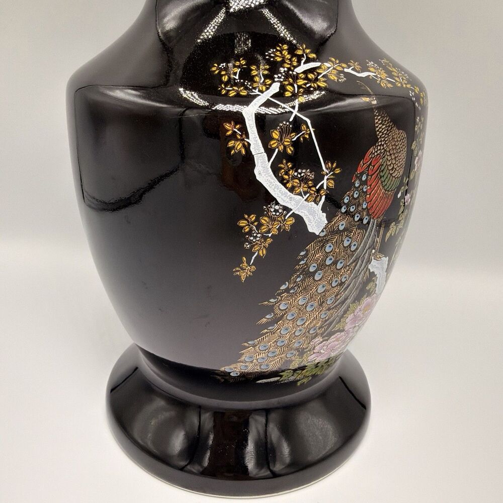 Vintage Japanese Black Peacock Floral Vase 11” Gold Trim Hand Decorated Japan - Picture 5 of 14